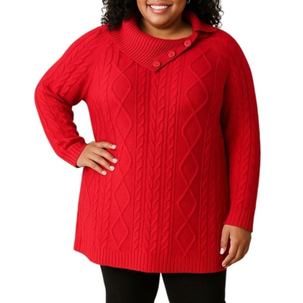 Croft & Barrow Plus Size 2X Sweater With Button Detail Red Textured Cable Knit